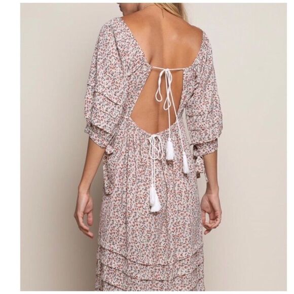 BOHO Cream Floral Printed Open Back Maxi Dress - Picture 11 of 15